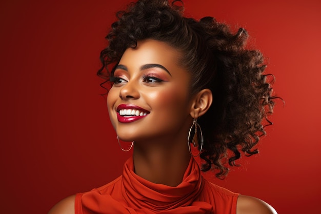 Podekscytowana afroamerykańska modelka uśmiechająca się szczęśliwie na czerwonym tle generowana przez sztuczną inteligencję