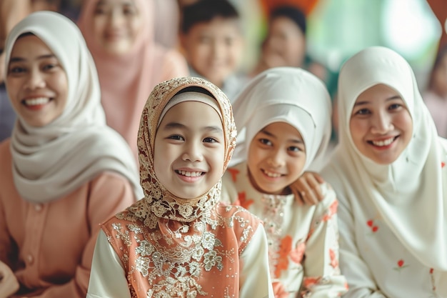 podekscytowana azjatycka muzułmańska rodzina odwiedzająca przyjaciela podczas Eid Fitri Mubarak w domu