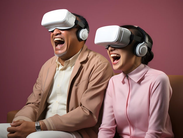 Podekscytowana azjatycka para bawiąca się na headsetach VR odizolowana na czarnym tle