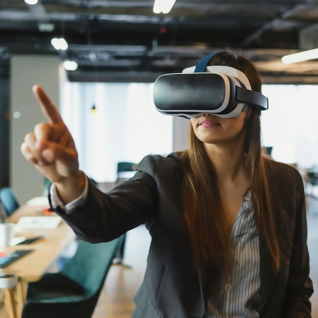 Podekscytowana kobieta nosząca wirtualną rzeczywistość testuje nowy metaverse w biurze