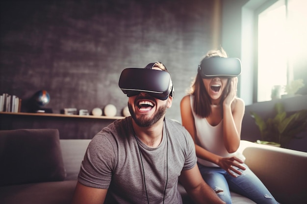 Podekscytowana młoda para używająca słuchawki wirtualnej rzeczywistości w domu