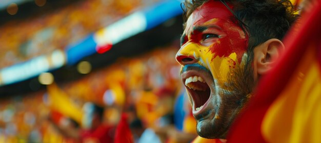 Podekscytowany hiszpański fan z pomalowaną twarzą cheering na wydarzeniu sportowym z niewyraźnym stadionem