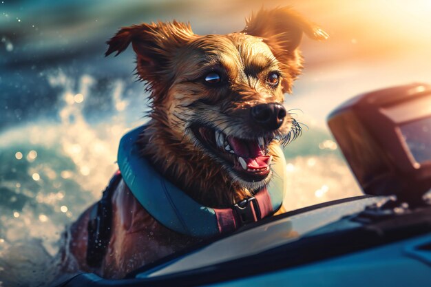 Podekscytowany pies w kamizelce ratunkowej i okularach przeciwsłonecznych jadący na skuterze wodnym z językiem trzepoczącym na wietrze i dużym uśmiechem na twarzy