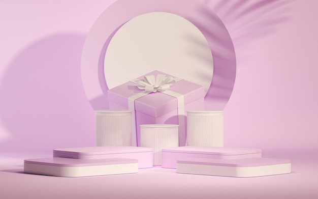 Podium 3D na pastelowym fioletowym tle z prezentami różą i bańką na dzień kobiet renderowania 3d
