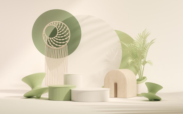 Podium 3D na pastelowym zielonym i białym tle z liściem palmowym i makramowymi draperiami renderowania 3d