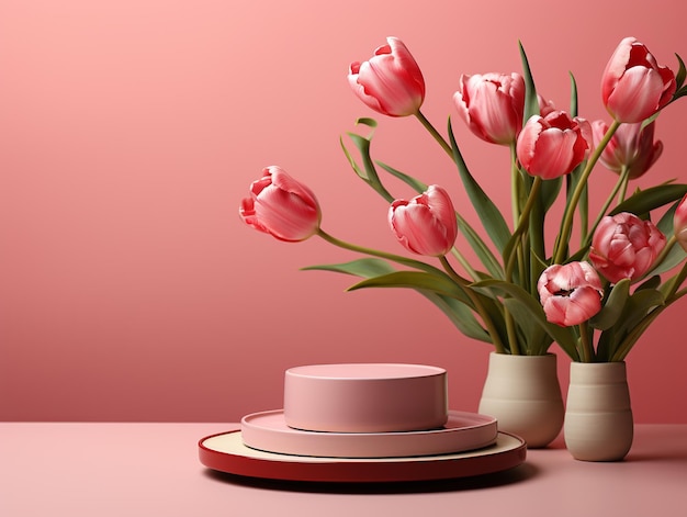 Podium do wyświetlania marki produktów kosmetycznych na różowym tle z kwiatem tulipanów do dekoracji