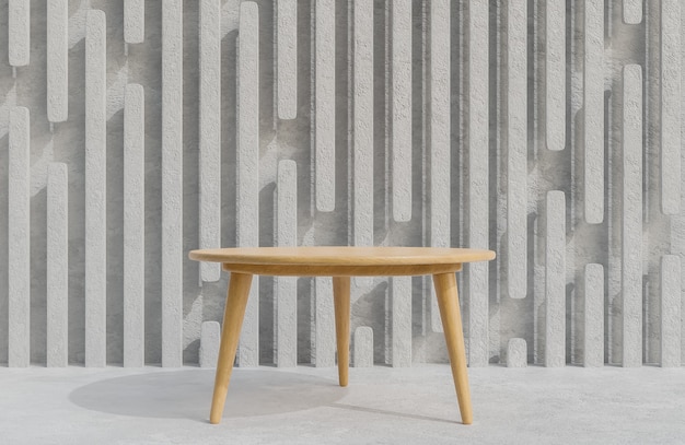 Podium drewnianego stołu do prezentacji produktu na tle ściany betonowej minimalistyczny styl 3d model i ilustracja.