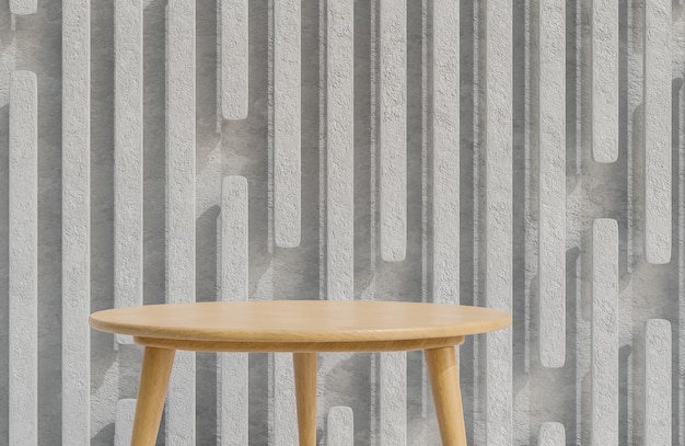 Podium drewnianego stołu do prezentacji produktu na tle ściany betonowej w minimalistycznym stylu., model 3d i ilustracja.