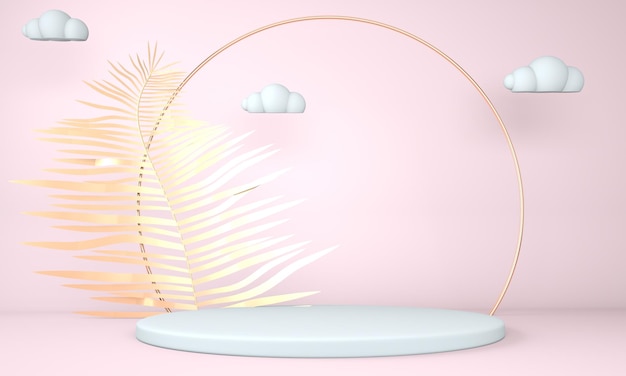 Podium ekspozycyjne ozdobione liśćmi na pastelowym tle ilustracji 3d
