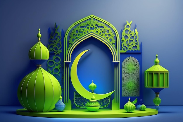 Podium ekspozycyjne z metalową latarnią Ramadanu i portalem meczetu jest zawarte w trójwymiarowym nowoczesnym banerze świątecznym islamu z monotonnym wzorem w kolorze limonkowej zieleni i elektrycznie niebieskiego Generative Ai