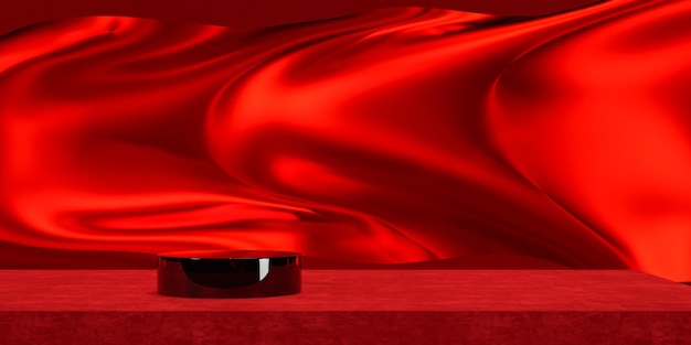 Podium koloru czerwonego na latającej fali czerwonej tkaniny Luksusowe tło dla marki i prezentacji produktu ilustracja renderowania 3d