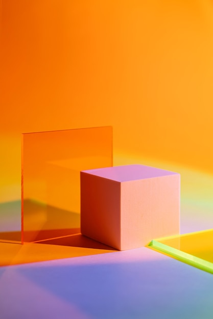 Podium kostki z płytą akrylową na kolorowym tle gradientowym. Stylowe geometryczne kształty do prezentacji produktów.