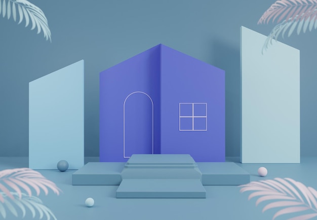 Zdjęcie podium na cokole z minimalnym domem i naturalną rośliną ilustracja renderowania 3d