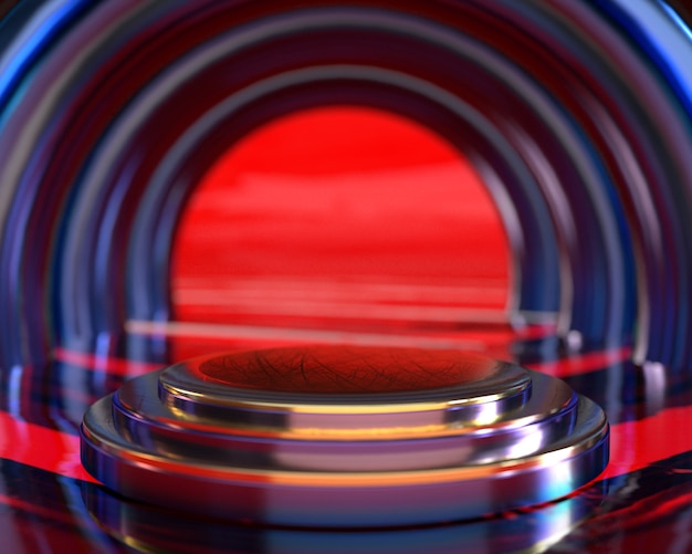 Podium na cokole z potrójnym złotym cylindrem z neonowym niebieskim kołem kolumny na czerwonym tle do wyświetlania na scenie prezentacji produktu przez renderowanie 3d