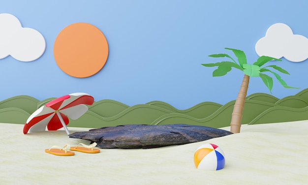 Podium na piaszczystej plaży na tle morza Makieta na wystawy Prezentacja produktów Letni tropikalny tło 3d render ilustracja