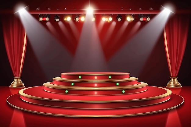 Podium na scenie z oświetleniem Scena na podium z ceremonią wręczenia nagród na czerwonym tle Ilustracja wektorowa
