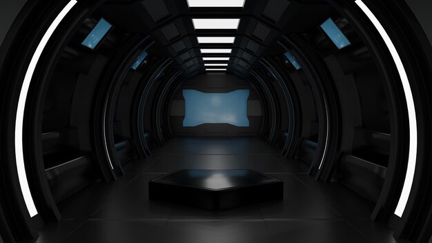 Podium Pentagonu we wnętrzu statku kosmicznego lub stacji kosmicznej Scena tunelu Sci Fi do prezentacji produktu Renderowanie 3D