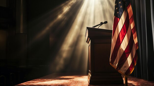 Zdjęcie podium pokryte amerykańską flagą z pojedynczym wiązką światła koncepcja narodowego dnia wolności