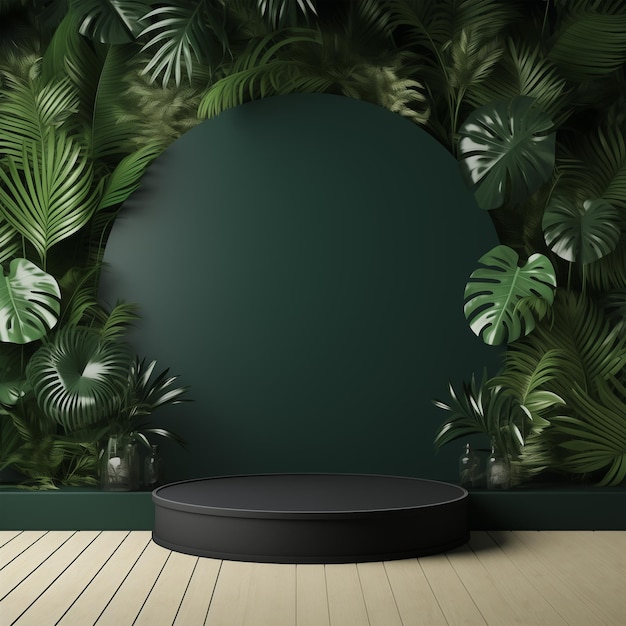 Zdjęcie podium produktowe z zielonymi liśćmi palm tropikalnych do wyświetlania makiety produktu na naturalnym tle
