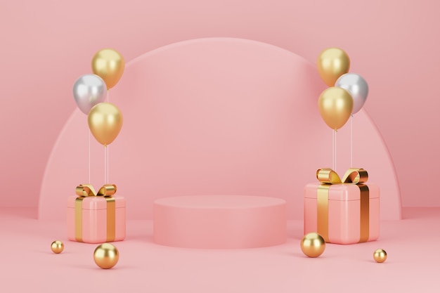 Podium produktu z prezentami noworocznymi i balonami w tle. Ilustracja 3D