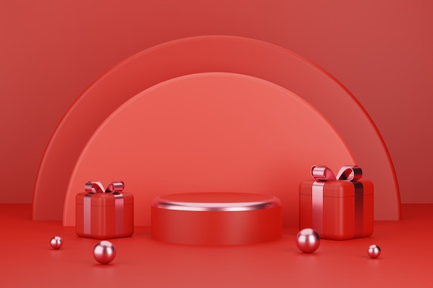 Podium produktu z prezentami noworocznymi w tle. Ilustracja 3D