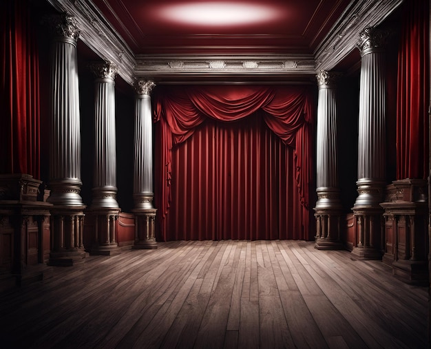 Zdjęcie podium sceniczne do prezentacji w stylu teatralnym z zasłonami i kolumnami