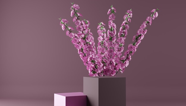Podium, stojak, prezentacja na pastelowym świetle, tle i kwiatach. dla produktu premium z rośliną natury, leaves.3d render.