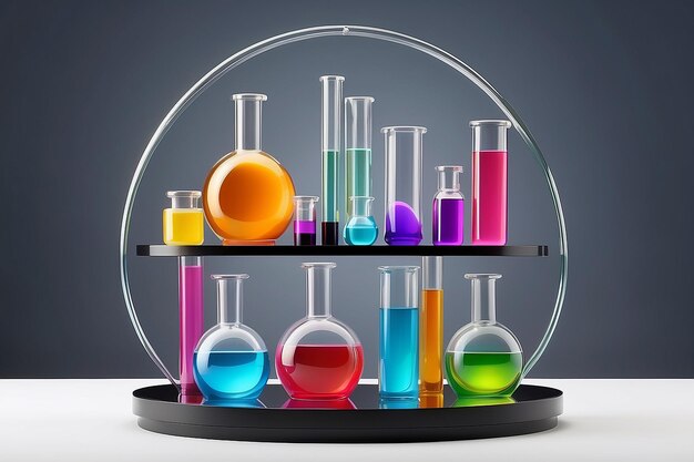 Podium w kształcie okrągłego do promocji produktów kosmetycznych Wyświetlone szklane naczynia laboratoryjne wypełnione kolorową cieczą