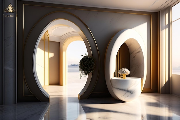 Podium w kształcie okrągłej miski z białego marmuru z łukowym cieniem światła słonecznego z okna na beżowej ścianie