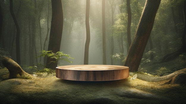 Zdjęcie podium w lesie tropikalnym do prezentacji produktu i światło pochodzące z góry