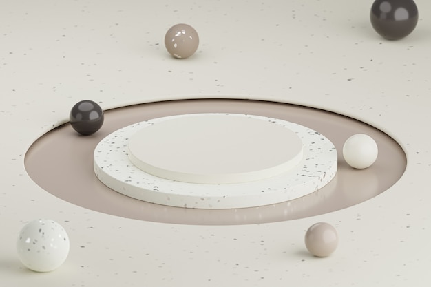 Zdjęcie podium w neutralnym kolorze lub stojak na produkty z kolorowymi kulkami. renderowanie 3d w minimalistycznym stylu.