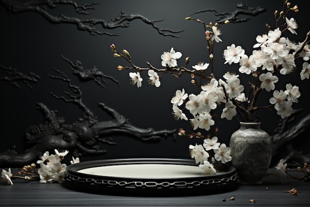 Podium w stylu chińskim Pusta przestrzeń maketa ciemne tło białe kwiaty