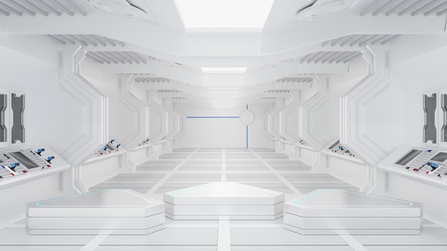 Podium we wnętrzu statku kosmicznego lub stacji kosmicznej Scena tunelu Sci Fi do prezentacji produktu Renderowanie 3D