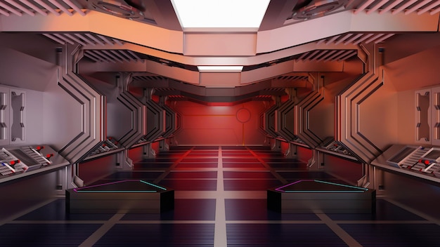 Podium we wnętrzu statku kosmicznego lub stacji kosmicznej Scena tunelu Sci Fi do prezentacji produktu Renderowanie 3D