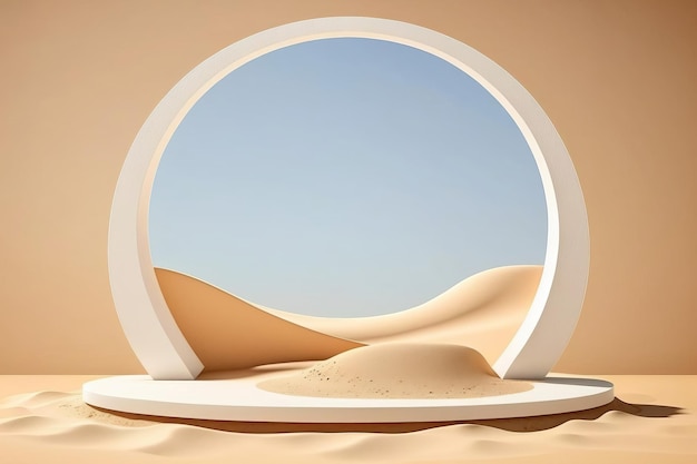 Podium wystawowe produktów na pustynnej, piaszczystej plaży Generative ai