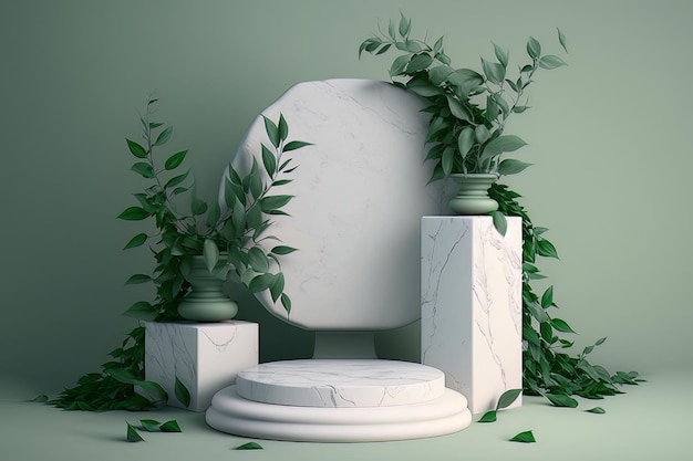 Podium z białego kamienia Stoisko z produktami kosmetycznymi stworzone przy użyciu generatywnej sztucznej inteligencji