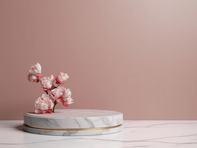 podium z białego marmuru z różowymi kwiatami na białym marmurowym stole