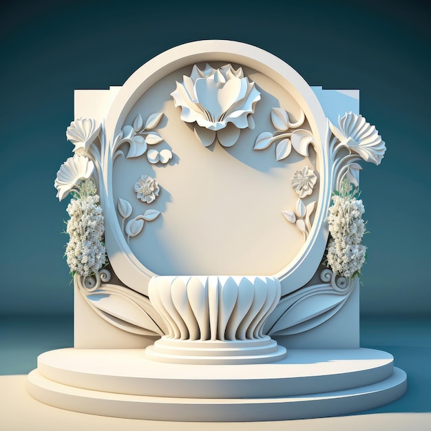 Podium z białej skały i kwiat Cokół stiukowy na etapie produktu z kwiatową ścianą Widok z przodu platformy 3D