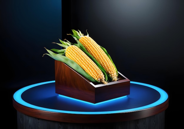 Podium z czarnego drewna z bliska, niebieskie studio backg z kukurydzą