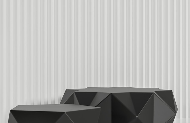 Podium z czarnym pryzmatem do prezentacji produktu na tle białej ząbkowanej ściany minimalny model 3d i ilustracja