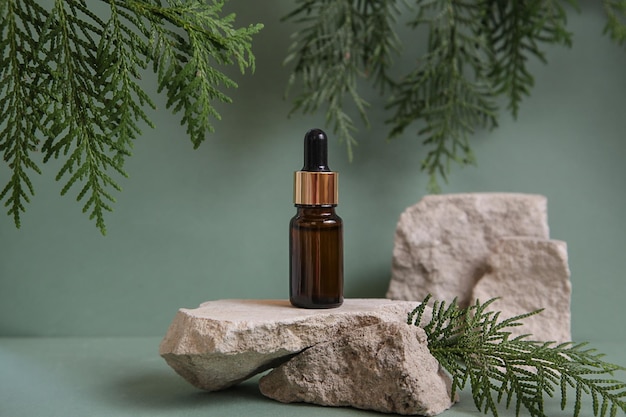 Podium z naturalnego kamienia zielone liście szklanej butelki olejku prezentacja kosmetyków opakowaniowych na zielonym tle