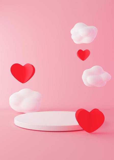 Podium z sercami i chmurami latającymi w powietrzu Walentynki Dzień Matki Wesele Podium do prezentacji kosmetyków produktu Makieta Cokół lub platforma do produktów kosmetycznych Renderowanie 3D