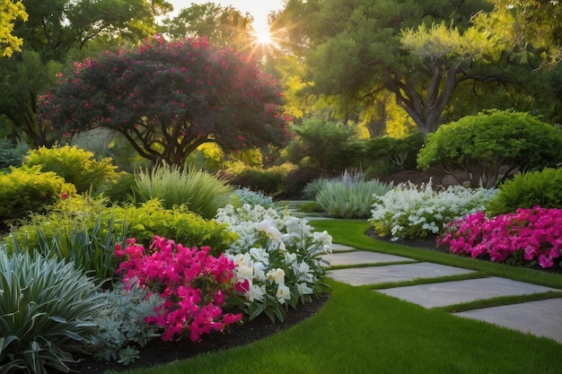 Zdjęcie podkreśl piękno spokojnego ogrodu w pełnym rozkwicie