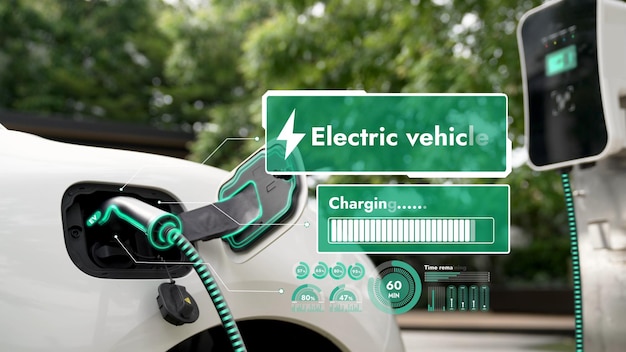 Podłącz samochód elektryczny do ładowarki EV, wyświetlając hologram stanu akumulatora