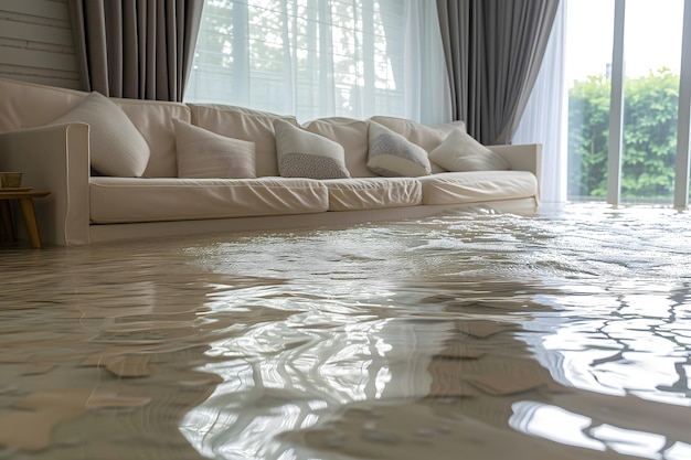 Podłoga domu zalana, pokazująca uszkodzenia wodne i potencjalne problemy