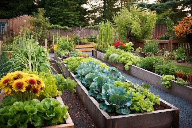 Podniesione rabaty ogrodowe wypełnione kolorowymi warzywami stworzone za pomocą generatywnej sztucznej inteligencji