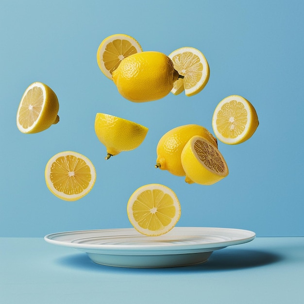 Podnoszące się żółte cytryny całe i pocięte na kawałki