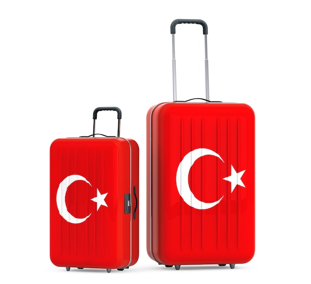 Podróż do koncepcji Turcji. Walizki z flagą Turcji na białym tle. Renderowanie 3D