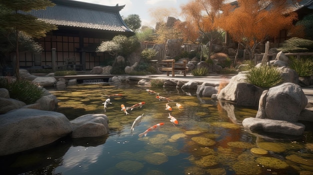 Podróż do miejsca spokoju i uważności dzięki japońskiemu ogrodowi Zen ze spokojnym stawem koi i minimalistycznymi elementami wystroju Wygenerowane przez AI