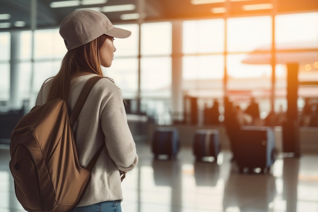 Podróż na lotnisko i portret kobiety z paszportowym biletem lotniczym lub informacjami o podróży imigracyjnej i plecakiem generatywnym ai